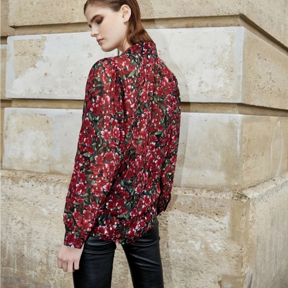 The Kooples Paris Raspberry Love Blouse Burgundy Red Floral Metallic Size 1 - Picture 2 of 14